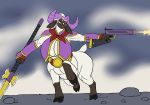  3_horns armor big_breasts bovid bovid_taur breasts caprine caprine_taur cleavage clothed clothing cloven_hooves crossbow digimon digimon_(species) digimon_taur female fur hi_res hooves horn huge_breasts karnator_(artist) mammal melee_weapon multi_horn pajiramon polearm purple_horn quadruped ranged_weapon red_eyes revealing_armor sheep sheep_taur spear stomping taur voluptuous weapon white_fur 