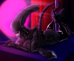  2019 3d_(artwork) 5_toes alien alien_(franchise) alternate_version_at_source big_breasts big_butt breasts butt claws clothed clothing collar crossed_legs digital_media_(artwork) drooling eyeless fangs feet female foot_fetish garter_belt garter_straps hi_res humanoid laying_on_belly legs_up legwear lips lying money monster monster_girl_(genre) nails nipples not_furry rubber saliva seductive sharp_nails sharp_teeth skimpy smile solo stockings strip_club teeth toes xenomorph 