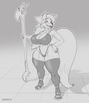  anthro big_breasts breasts canid canine clothing curvaceous female footwear fox greyscale high_heels legwear mammal monochrome open_mouth schwoo shoes smile solo standing thick_thighs thigh_highs underwear 
