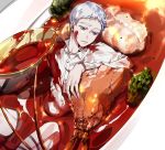  1boy blue_eyes cutlery dirty_clothes dirty_face food food_on_clothes food_on_face highres leaning_on_object long_sleeves looking_to_the_side lying neck_tattoo norman_(yakusoku_no_neverland) number_tattoo on_back on_plate open_mouth sauce shirt shrimp solo spoon tattoo white_hair white_shirt yakusoku_no_neverland yala1453 