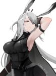  1girl absurdres adson-(biao_di) animal_ears arknights arm_up armpits black_clothes breasts bunny_ears grey_eyes grey_hair highres large_breasts long_hair mole savage_(arknights) solo 