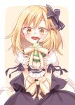  1girl blonde_hair blush bound bow commentary_request cowboy_shot dated eyebrows_visible_through_hair food fruit hair_bow highres ina_(inadahime) kirisame_marisa looking_at_viewer open_mouth pear puffy_short_sleeves puffy_sleeves ribbon ribbon_bondage short_sleeves solo touhou wrist_cuffs yellow_eyes yellow_ribbon 