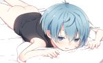  1boy ass blue_eyes blue_hair bottomless lying male_focus on_stomach original os_(os_fresa) parted_lips solo twitter_username 