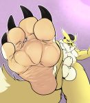  animal_genitalia anthro balls digimon digimon_(species) facial_hair foot_focus hi_res looking_at_viewer looking_down low-angle_view male mustache renamon sheath solo weskers worm&#039;s-eye_view 