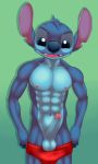  2019 abs alien anthro anthrofied balls blue_eyes blue_fur blue_nose blue_penis briefs clothing dgemporium disney experiment_(species) fingerless_(marking) front_view fur green_background head_tuft hi_res humanoid_hands humanoid_penis lilo_and_stitch looking_at_viewer male muscular muscular_male navel nipples open_mouth open_smile pecs penis pink_nipples portrait red_clothing simple_background smile solo standing stitch three-quarter_portrait tuft underwear underwear_down white_pupils 