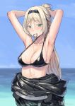  1girl an-94_(girls_frontline) aqua_eyes armpits arms_up bikini_top black_bikini_top blonde_hair blue_sky blush breasts cleavage closed_mouth day diving_suit eyebrows_visible_through_hair girls_frontline hairband highres horizon kuro_(zhurunbo1997) long_hair looking_at_viewer medium_breasts mouth_hold ocean outdoors ponytail sky solo tying_hair weibo_username wet wet_hair 