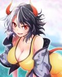  1girl :d animal_ears animal_print ashiroku_(miracle_hinacle) bangs bare_shoulders black_hair blurry blurry_background breasts cleavage collarbone commentary_request cow_ears cow_horns cow_print cow_tail cowboy_shot eyebrows_visible_through_hair hair_between_eyes haori highres horns japanese_clothes large_breasts leaning_forward long_sleeves looking_at_viewer multicolored_hair off_shoulder open_mouth red_eyes short_hair silver_hair skirt smile solo sports_bra standing tail tongue tongue_out touhou two-tone_hair ushizaki_urumi wide_sleeves yellow_skirt 