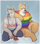  2018 4_fingers 4_toes anthro barefoot big_shiba black_nose border brown_hair canid canine canis clothed clothing domestic_dog duo eyebrows footwear glitter_trap_boy grey_background hair half-closed_eyes hi_res kneeling looking_at_another looking_at_viewer male mammal multicolored_clothing multicolored_shirt multicolored_topwear muscular muscular_male pants partially_clothed rainbow_clothing rainbow_shirt rainbow_topwear redhead_(character) shiba_inu shirt shoes short_hair simple_background sitting slightly_chubby smile spitz tank_top toes topwear white_border 