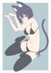  1girl absurdres animal_ears animare bangs bikini black_bikini black_hair black_legwear blue_background blush cat_ears donguri_suzume groin hair_between_eyes highres kuroneko_nanashi looking_at_viewer midriff navel parted_lips paw_pose purple_eyes ribs short_hair simple_background solo swimsuit tail thighhighs virtual_youtuber 