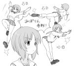  &gt;_&lt; 1girl arms_behind_back ass bangs blouse closed_mouth commentary directional_arrow eyebrows_visible_through_hair fighting_stance flying_sweatdrops frown gameplay_mechanics girls_und_panzer greyscale henyaan_(oreizm) jumping kiss leaning_forward leg_up letter loafers long_sleeves microskirt monochrome multiple_views neckerchief nishizumi_miho ooarai_school_uniform open_mouth panties pleated_skirt pushing school_uniform serafuku shoes short_hair skirt socks translated underwear 