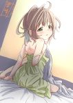  1girl bare_shoulders bed_sheet blanket chemise commentary_request dress from_behind green_dress green_eyes grey_hair hair_ornament highres kohshibasaki looking_back messy_hair on_bed short_hair shoulder_blades sitting sitting_on_bed solo strap_slip yama_no_susume yukimura_aoi 