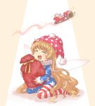  1girl :d ^_^ american_flag_dress american_flag_legwear animal blonde_hair blue_dress blush brown_background closed_eyes clownpiece commentary_request dress fairy_wings flying fur-trimmed_sleeves fur_trim gift hat highres jester_cap long_hair long_sleeves mismatched_legwear neck_ruff nibi no_shoes object_hug open_mouth pantyhose polka_dot polka_dot_hat print_dress red_headwear sack santa_hat sitting sled sleeves_past_wrists smile snail solo sparkle star star_print touhou transparent_wings two-tone_background very_long_hair wariza white_background wings 