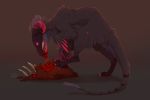  2019 4_fingers 4_toes blood curved_horn digital_media_(artwork) feral food furred_raptor hi_res horn meat purple_eyes reysi simple_background standing toes 