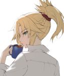  1girl braid coffee coffee_mug commentary cup eyebrows_visible_through_hair face fate/apocrypha fate/grand_order fate_(series) from_behind green_eyes hair_ornament hair_scrunchie highres holding long_hair mordred_(fate) mordred_(fate)_(all) mug ponytail red_scrunchie scrunchie shirt simple_background solo steam tonee white_background white_shirt 