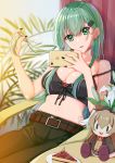  1girl absurdres alternate_costume anchor_print belt black_nails breasts brown_belt cellphone character_doll collarbone eyebrows_visible_through_hair flower front-tie_top green_eyes green_hair green_pants hair_ornament hairclip highres holding holding_phone kantai_collection kumano_(kantai_collection) long_hair mahou_shounen medium_breasts nail_polish pants phone playing_with_own_hair sitting smartphone solo suzuya_(kantai_collection) white_flower 