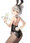  1girl altera_(fate) alternate_hairstyle animal_ears ass bunny_girl bunny_tail cup detached_collar drinking_glass fake_animal_ears fake_tail fate/grand_order fate_(series) fishnets hand_on_hip highres looking_at_viewer looking_back red_eyes simple_background solo sunga2usagi tail tray white_background white_hair wine_glass 