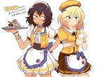  2girls alternate_costume andou_(girls_und_panzer) apron artist_name bangs bc_freedom_(emblem) beret black_hair black_neckwear blonde_hair blue_bow blue_eyes blush_stickers bow brown_eyes brown_skirt choker closed_mouth coco&#039;s collared_shirt commentary_request dark_skin dessert double_horizontal_stripe emblem eyebrows_visible_through_hair followers food frilled_apron frilled_choker frilled_skirt frilled_sleeves frilled_wrist_cuffs frills frown girls_und_panzer hand_on_hip hat highres holding holding_tray jacket kaisen_(kaisen3team) large_bow looking_at_another looking_back maid_headdress medium_hair messy_hair multiple_girls neck_ribbon notepad open_mouth oshida_(girls_und_panzer) print_skirt puffy_short_sleeves puffy_sleeves ribbon shirt short_sleeves simple_background skirt sleeveless_jacket standing translated tray twitter_username waist_apron waitress white_apron white_background white_choker white_shirt white_skirt wrist_cuffs yellow_headwear yellow_jacket 
