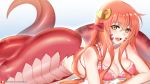  1girl artist_name ass bare_arms bare_shoulders bra breasts curvy eyebrows_visible_through_hair fang hair_between_eyes hair_ornament hair_over_shoulder hairclip highres lamia large_breasts long_hair looking_at_viewer lying miia_(monster_musume) monster_girl monster_musume_no_iru_nichijou open_mouth panties patreon_username pointy_ears red_hair scales solo tail tofuubear underwear yellow_eyes 