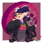  +_+ 1girl :d absurdres aori_(splatoon) artist_name blush domino_mask ear_blush earrings fangs grey_kimono hair_ornament haori highres japanese_clothes jewelry kimono long_sleeves mask medium_hair mole mole_under_eye obi open_mouth oriental_umbrella otoboke-san pink_umbrella pointy_ears purple_hair sash sleeves_past_wrists smile solo splatoon_(series) splatoon_2 symbol-shaped_pupils teeth tentacle_hair umbrella wide_sleeves yellow_eyes 