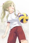  1girl :d ball blush breasts commentary fang fingernails gradient gradient_background green_eyes green_hair grey_background gym_shirt gym_shorts gym_uniform hair_bobbles hair_ornament holding holding_ball inuyama_aoi long_hair looking_away looking_to_the_side medium_breasts mikazuchi_zeus nose_blush open_mouth red_shorts shirt short_shorts short_sleeves shorts sidelocks smile solo white_background white_shirt yurucamp 