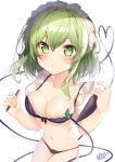  1girl absurdres artist_name bad_anatomy bad_perspective bad_proportions bangs bikini black_bikini blush breasts cleavage collarbone commentary_request cowboy_shot eyebrows_visible_through_hair green_eyes green_hair hair_between_eyes hands_up heart heart_of_string highres holding holding_pen komeiji_koishi looking_at_viewer maid_headdress medium_breasts navel nenobi_(nenorium) pen puffy_short_sleeves puffy_sleeves short_hair short_sleeves sidelocks signature simple_background solo stomach swimsuit thighs touhou translated white_background 