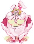  2019 anthro belly big_belly big_breasts blush breasts carrot_(one_piece) clothed clothing digital_media_(artwork) eating female fuzzywooly hi_res lagomorph mammal obese one_piece overweight overweight_female simple_background solo thick_thighs 
