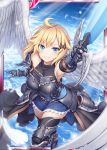  1girl akkijin angel_wings armor armpits bare_shoulders blonde_hair blue_eyes blue_sky breasts card_(medium) day feathers flying holding holding_sword holding_weapon large_breasts official_art shinkai_no_valkyrie short_hair sky smile sword thighhighs weapon wings 