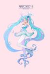  1girl 2016 :o absurdly_long_hair ballet_slippers bare_shoulders blue_eyes blue_hair blue_legwear blue_skirt buttons character_name curly_hair dated detached_sleeves full_body hatsune_miku long_hair looking_away number_tattoo pantyhose parted_lips pink_background simple_background skirt sleeveless solo souno_kazuki standing standing_on_one_leg tattoo tiptoes translated twintails twitter_username very_long_hair vocaloid 