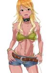  1girl abs bangs belt bikini_top black_eyes blonde_hair blush bracelet breasts brown_hair cleavage collar commentary_request dark_skin denim denim_shorts earrings eyebrows_visible_through_hair gradient_hair gyaru highres idolmaster idolmaster_shiny_colors izumi_mei jewelry large_breasts long_hair looking_at_viewer multicolored_hair navel_piercing open_mouth panty_straps piercing short_shorts shorts simple_background smile solo suna thong tongue tongue_out tongue_piercing white_background 