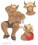  2018 anthro arm_support armpit_hair balls bare_chest barely_visible_balls barely_visible_genitalia blonde_hair bottomwear bovid bovine bulge cattle clothed clothing crotch_tuft digital_media_(artwork) english_text glitter_trap_boy hair hand_behind_head horn licking licking_lips looking_away male mammal mostly_nude multiple_images muscular muscular_male pecs red_clothing red_shirt red_topwear self_lick shirt shorts simple_background solo sweat text tongue tongue_out topwear url white_background 