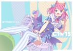  1girl animal_ears blue_eyes cat_ears cat_tail commentary_request dutch_angle fangs frilled_skirt frills garter_straps gradient_hair hair_ornament hair_ribbon hairclip kanzaki_hiro looking_at_viewer medium_hair multicolored_hair neck_ribbon open_mouth original pink_hair ribbon short_sleeves skirt skirt_tug solo striped striped_legwear tail thighhighs vertical-striped_legwear vertical_stripes 