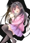  1girl bangs black_hair black_legwear blush brown_eyes child commentary_request creek_(moon-sky) drop_shadow eyebrows_behind_hair fang feet_out_of_frame hair_between_eyes highres hood hood_down hoodie long_hair no_shoes open_mouth original pink_hoodie pleated_skirt purple_skirt skirt solo thighhighs very_long_hair youjo_(creek_(moon-sky)) 