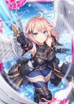  1girl akkijin angel_wings armor armpits bare_shoulders blue_eyes blue_sky breasts card_(medium) day energy_sword feathers flying glowing glowing_weapon holding holding_sword holding_weapon large_breasts official_art pink_hair shinkai_no_valkyrie short_hair sky smile sword thighhighs weapon wings 
