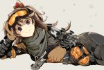  1girl apex_legends bangs black_scarf bodysuit brown_gloves brown_hair closed_mouth commentary cosplay cowboy_shot crown fang gloves goggles gun handgun holding holding_gun holding_weapon kichihachi long_hair looking_at_viewer lying mirage_(apex_legends) mirage_(apex_legends)_(cosplay) on_side pistol purple_eyes re:act scarf shishigami_leona simple_background skin_fang solo two_side_up virtual_youtuber weapon 