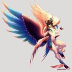  1:1 2019 5_fingers anthro antlers brown_hair cervid digital_media_(artwork) feathered_wings feathers featureless_crotch hair hi_res horn hybrid male mammal nude penis rengeki simple_background solo thin_waist wide_hips wings 