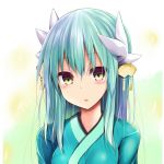  1girl aqua_hair bangs blush breasts commentary_request dragon_horns eyebrows_visible_through_hair face fate/grand_order fate_(series) green_hair green_kimono hair_between_eyes hair_ornament horns japanese_clothes kimono kiyohime_(fate/grand_order) long_hair looking_at_viewer medium_breasts sen_(astronomy) solo yellow_eyes 