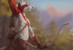  2019 anthro arrow blue_eyes bow_(weapon) canid canine clothed clothing day detailed_background digital_media_(artwork) fox fur holding_object holding_weapon male mammal nomax outside quiver ranged_weapon red_fur solo topless weapon white_fur 