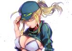  1girl ahoge artoria_pendragon_(all) baseball_cap bikini blonde_hair blue_eyes breasts cleavage eyelashes fate/grand_order fate_(series) hand_on_headwear hat large_breasts looking_at_viewer mysterious_heroine_xx_(foreigner) otama_(atama_ohanabatake) ponytail shrug_(clothing) solo swimsuit upper_body white_background 