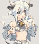  1boy animal_ears animal_print bangle bell belt blue_eyes bottle bracelet cow_bell cow_boy cow_ears cow_horns cow_print cow_tail crop_top dated ear_tag enotou_(enotou_moi) grey_background horns jacket jewelry male_focus milk_bottle off_shoulder original shota simple_background solo tail tongue tongue_out unbuttoning upper_body ushi-kun_(enotou_(enotou_moi)) white_belt 