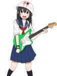  1girl :d aiu1 bangs black_eyes black_hair black_legwear blue_sailor_collar blue_skirt blush commentary_request guitar hair_between_eyes holding holding_instrument instrument kneehighs long_hair necktie open_mouth original pleated_skirt red_neckwear sailor_collar shirt short_sleeves simple_background skirt smile solo standing translation_request white_background white_helmet white_shirt wristband 