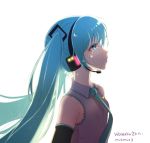  1girl aqua_neckwear black_hairband black_sleeves blue_eyes blue_hair collared_shirt detached_sleeves from_side grey_shirt hairband hatsune_miku headphones headset highres long_hair looking_back looking_up microphone mikmix necktie parted_lips profile shirt simple_background sleeveless sleeveless_shirt solo tears upper_body very_long_hair vocaloid white_background wowaka 