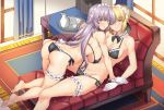  2girls all_fours alternate_breast_size alternate_costume artoria_pendragon_(all) ass bangs bikini black_bikini black_ribbon blonde_hair braid breasts carpet collar commentary_request couch curtains eyebrows_visible_through_hair fate/grand_order fate_(series) french_braid frilled_collar frills from_above full_body groin hair_between_eyes hair_bun hanging_breasts highres jeanne_d&#039;arc_(alter)_(fate) jeanne_d&#039;arc_(fate)_(all) large_breasts long_hair looking_at_viewer lying maid_headdress midriff multiple_girls neck_ribbon on_back ribbon saber_alter shirokuma_a sidelocks silver_hair sketch skindentation smile stomach swimsuit thighs tray underboob very_long_hair window yellow_eyes 