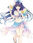  1girl bikini blue_bow blue_hair bow bracelet breasts cleavage collarbone date_a_live eyebrows_visible_through_hair floating_hair frilled_bikini frills gradient_hair hair_between_eyes hair_bow highres holding jewelry leg_up long_hair looking_at_viewer medium_breasts multicolored_hair navel necklace novel_illustration official_art purple_eyes purple_hair sarong shiny shiny_hair simple_background solo standing standing_on_one_leg swimsuit tsunako two-tone_hair very_long_hair white_background yatogami_tooka 