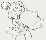  angstrom animal_crossing anthro areola big_breasts bottomwear breasts canid canine canis clothed clothing domestic_dog female huge_breasts hyper hyper_breasts isabelle_(animal_crossing) mammal monochrome nintendo nipples skirt solo video_games 