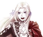  1girl axe blonde_hair blue_eyes cape cravat edelgard_von_hresvelgr_(fire_emblem) fire_emblem fire_emblem:_fuukasetsugetsu gloves hair_ornament hair_ribbon long_hair looking_at_viewer open_mouth red_cape ribbon sayoyonsayoyo simple_background solo uniform weapon white_background 