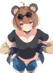  1girl :3 ahoge animal_ears bear_ears black_choker black_shirt blue_jacket blush bow bow_panties breasts brown_hair choker cleavage closed_mouth collarbone commentary cowboy_shot crop_top denim denim_shorts eyewear_on_head from_above fur_trim garter_straps girls_frontline grizzly_mkv_(girls_frontline) hands_on_hips jacket katuo1129 looking_at_viewer off_shoulder open_clothes open_fly open_jacket panties purple_eyes shirt short_hair short_shorts short_sleeves shorts simple_background smile solo standing sunglasses underwear white_background white_panties 