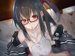  1boy 1girl azur_lane bangs bare_shoulders black_hair blush breast_squeeze breasts cleavage collarbone commentary_request crossed_bangs cum cum_on_body cum_on_breasts cum_on_upper_body drinking_straw eyebrows_visible_through_hair glasses hair_between_eyes highres indoors large_breasts long_hair looking_at_viewer multicolored_hair nose_blush off_shoulder one_side_up paizuri red_eyes semi-rimless_eyewear solo_focus streaked_hair suushiki sweat u-47_(azur_lane) wet wet_clothes white_hair 