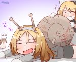 antennae artist_name blonde_hair cardboard cosplay dated hat headgear jervis_(kantai_collection) kantai_collection long_hair long_sleeves miccheru multiple_girls mutsu_(kantai_collection) mutsu_(kantai_collection)_(cosplay) mutsu_(snail) nelson_(kantai_collection) open_mouth sailor_hat skirt tape uniform zzz 