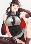  1girl ahoge asymmetrical_legwear bangs bare_shoulders beige_background black_gloves blunt_bangs blush breasts brown_hair brown_legwear brown_panties bushidokuroi capelet cleavage commentary_request dsr-50_(girls_frontline) elbow_gloves eyebrows_visible_through_hair garrison_cap girls_frontline gloves grey_skirt half_gloves hat highres large_breasts long_hair looking_at_viewer necktie open_mouth panties pouch red_eyes shirt sidelocks simple_background single_elbow_glove single_sock single_thighhigh sitting skirt sleeveless sleeveless_shirt socks solo strap thigh_strap thighhighs thighs underwear very_long_hair 