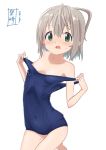  1girl bare_shoulders blue_swimsuit collarbone commentary_request covered_navel green_eyes grey_hair hair_ornament highres kohshibasaki looking_at_viewer one-piece_swimsuit open_mouth school_swimsuit short_hair solo sweatdrop swimsuit swimsuit_pull white_background yama_no_susume yukimura_aoi 